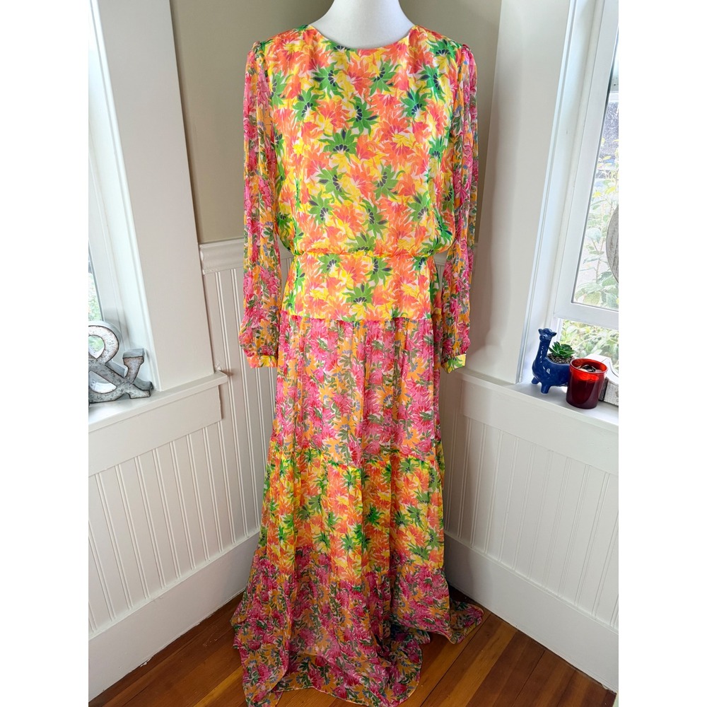 Saloni Silk Floral Tiered Maxi Dress Long Sleeve Multicolor Size 10